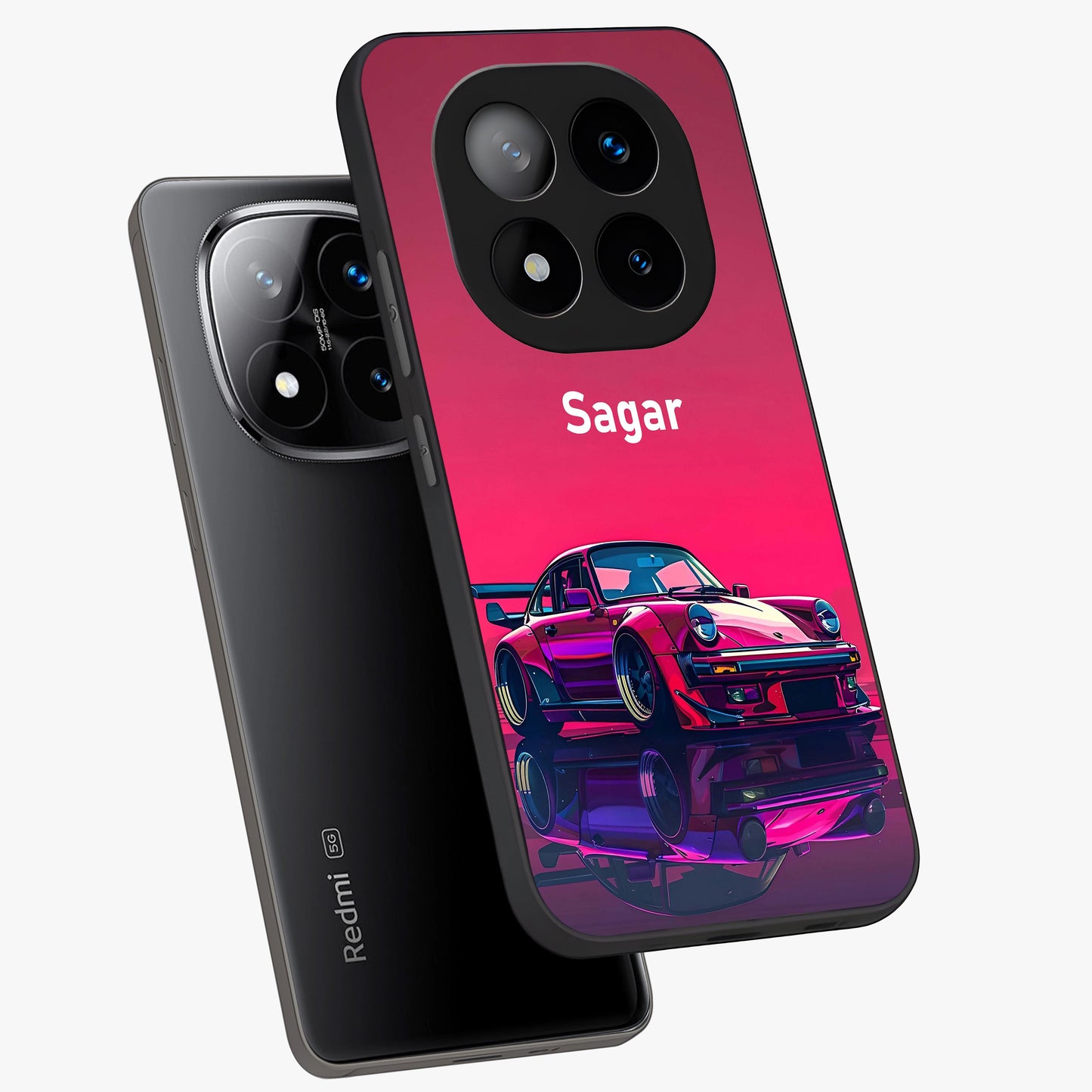 Neon Pink Porsche Glass Case displayed in angled mockup highlighting sleek neon pink car design with racing aesthetic.