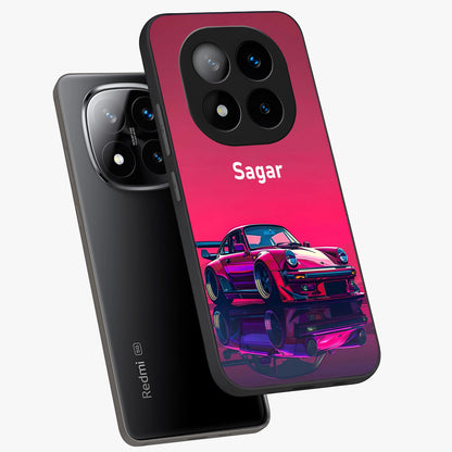 Neon Pink Porsche Glass Case displayed in angled mockup highlighting sleek neon pink car design with racing aesthetic.