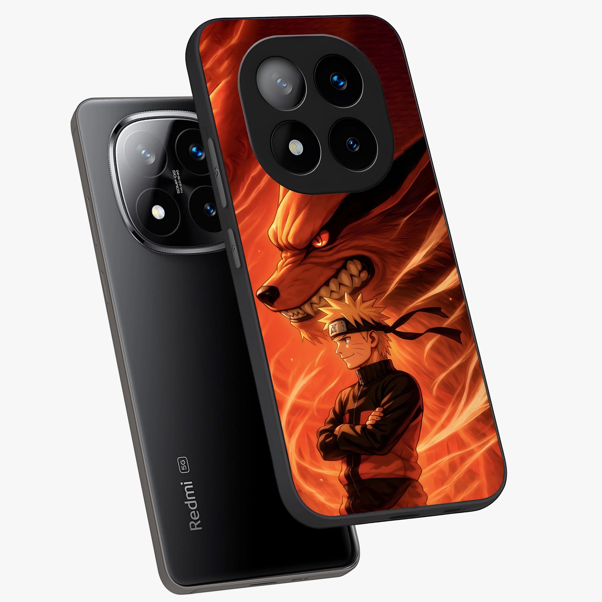 Nine Tails Legacy Glass Case displayed in angled mockup highlighting dynamic anime beast illustration with bold mystical aesthetic.