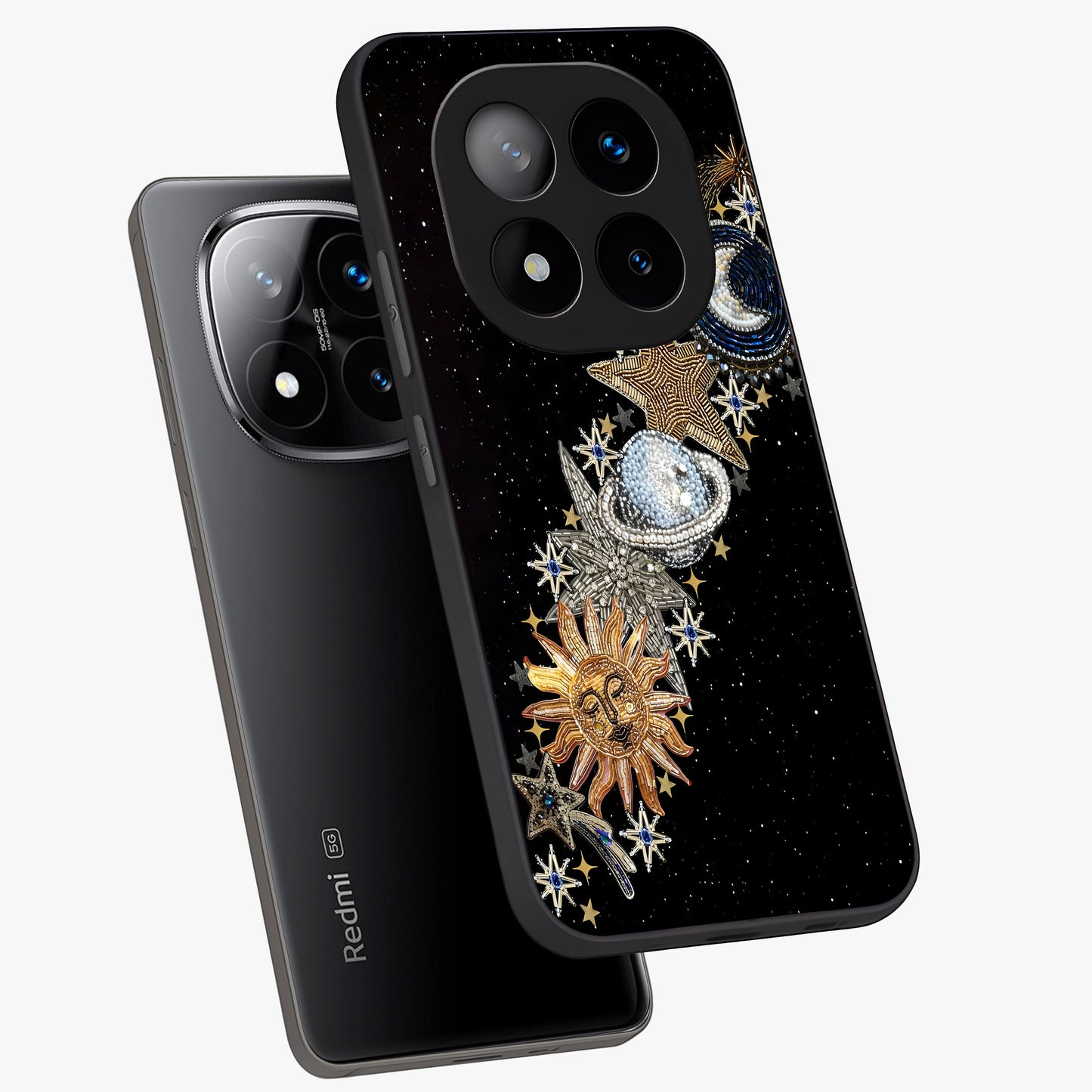 Pearls Universe Object Glass Case displayed in angled mockup highlighting celestial pearl design with dreamy aesthetic.