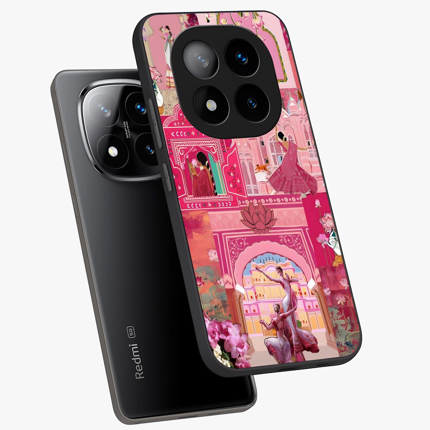 Pink Palace Muse Glass Case displayed in angled mockup highlighting dreamy palace illustration with soft pink aesthetic.