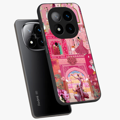 Pink Palace Muse Glass Case displayed in angled mockup highlighting dreamy palace illustration with soft pink aesthetic.