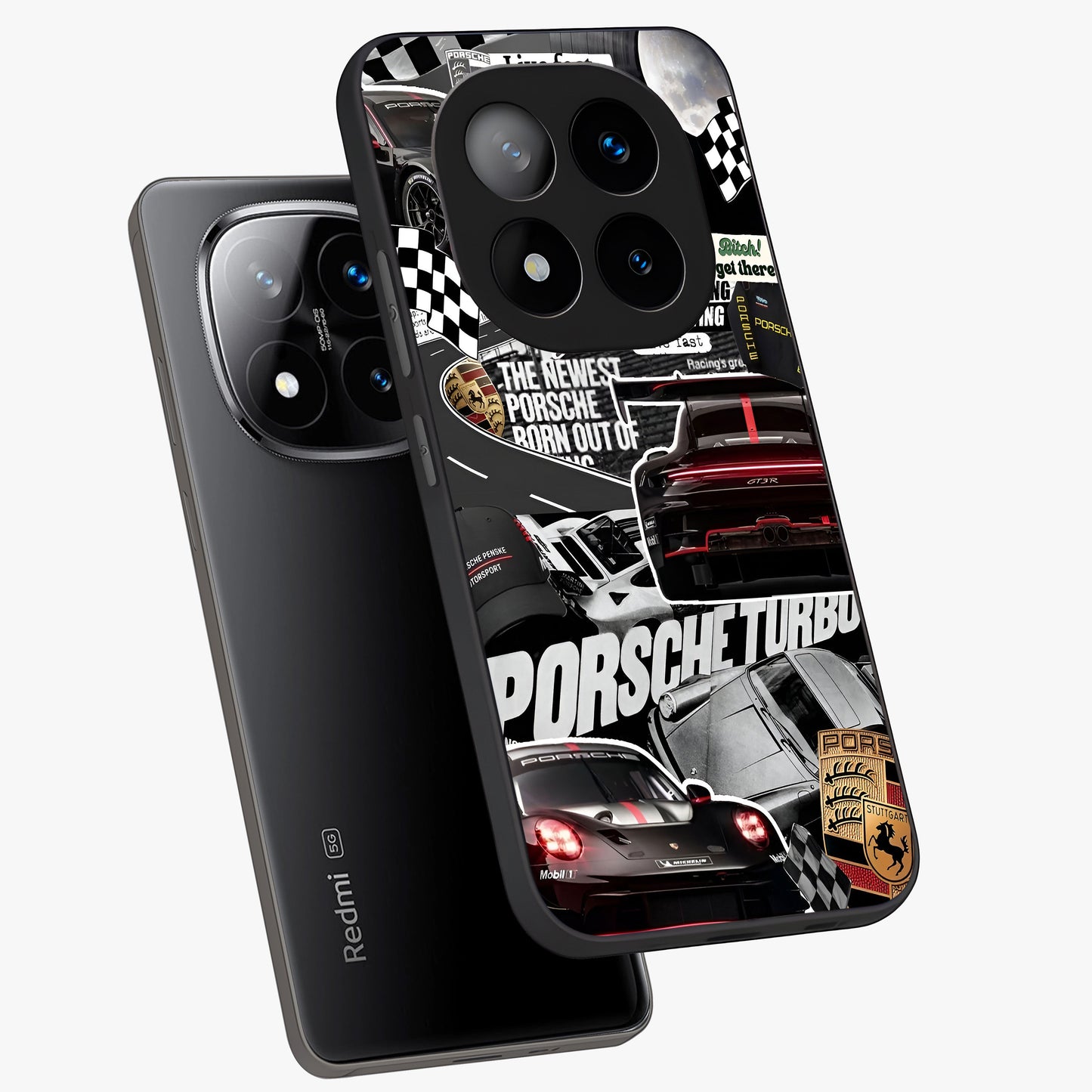 Porsche Racing Collage Glass Case displayed in angled mockup highlighting dynamic automotive design with bold racing aesthetic.