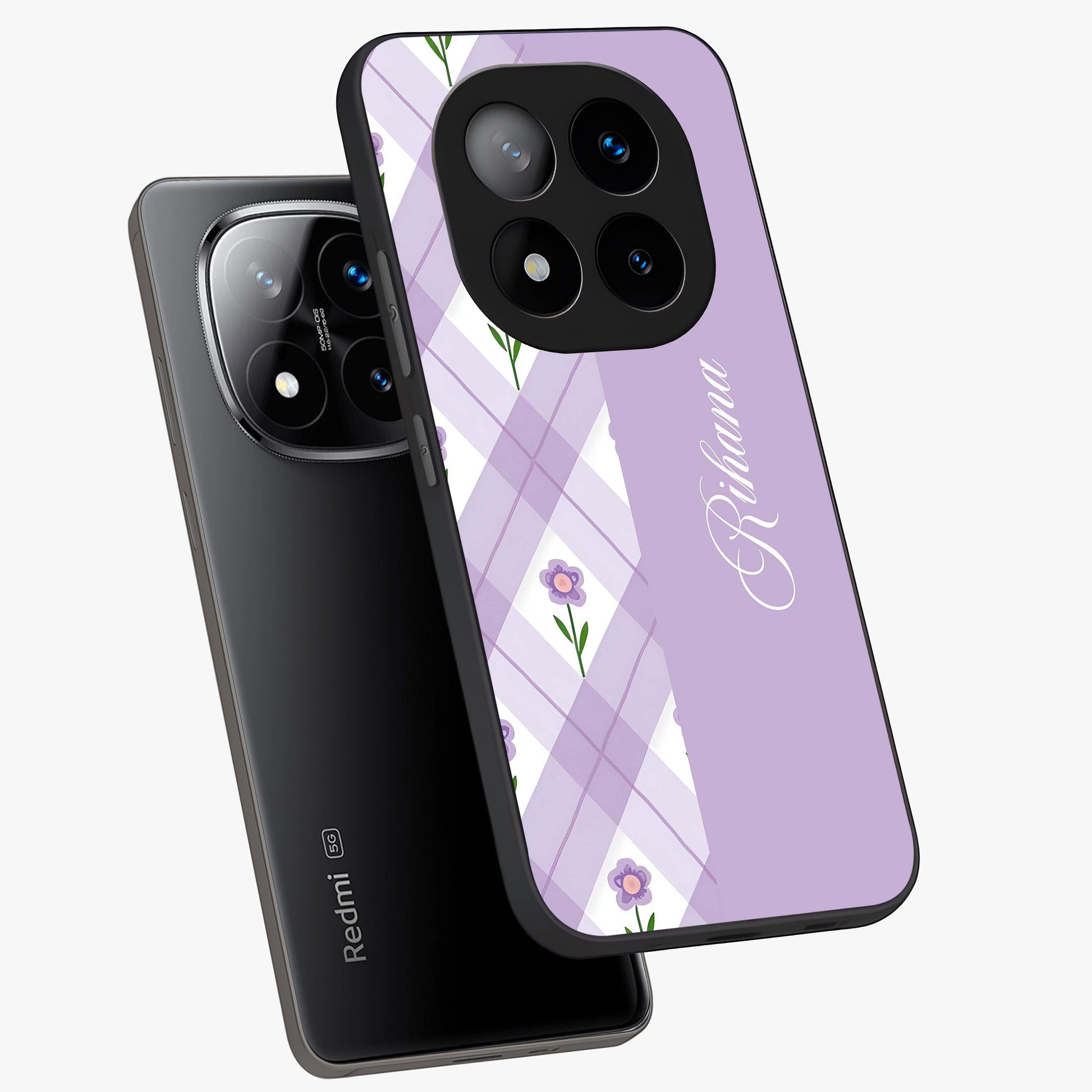Purple Diamond Floral Glass Case displayed in angled mockup highlighting elegant purple flower design with decorative pattern.