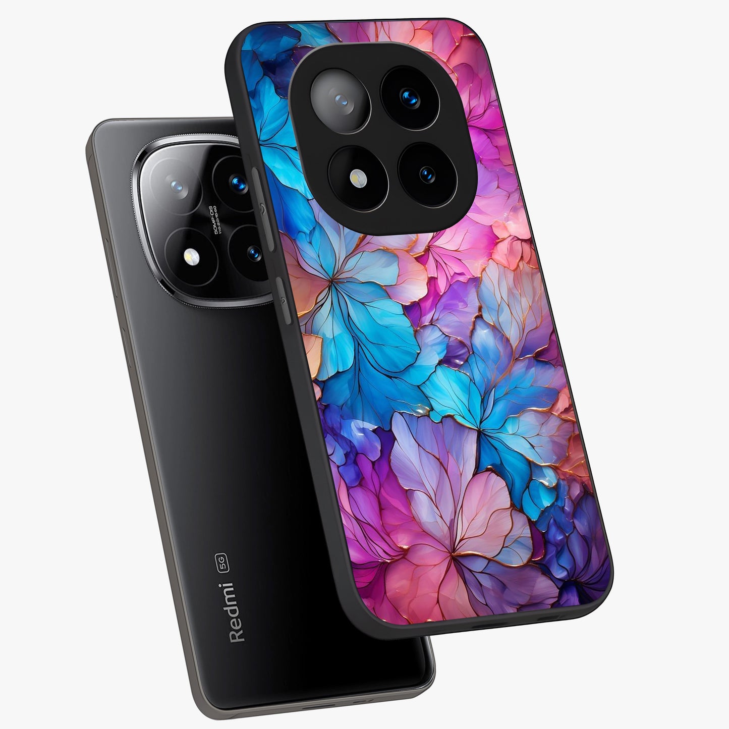 Radiant Floral Whirl Glass Case displayed in angled mockup highlighting vibrant flower pattern with dynamic artistic aesthetic.