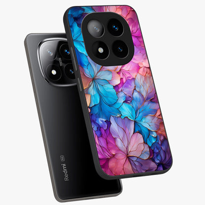 Radiant Floral Whirl Glass Case displayed in angled mockup highlighting vibrant flower pattern with dynamic artistic aesthetic.