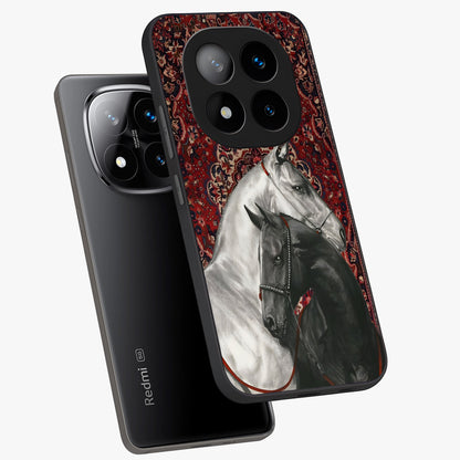 Regal Stallion Tapestry Glass Case displayed in angled mockup highlighting royal stallion design with decorative heritage aesthetic.