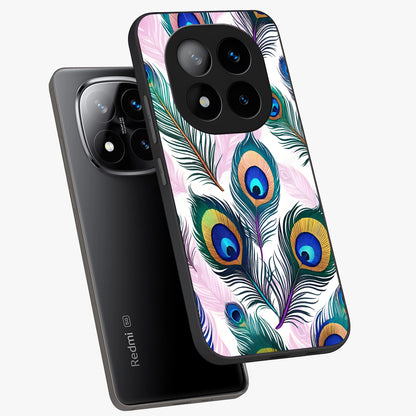 Royal Peacock Feathers Glass Case displayed in angled mockup highlighting vibrant feather pattern with regal aesthetic style.