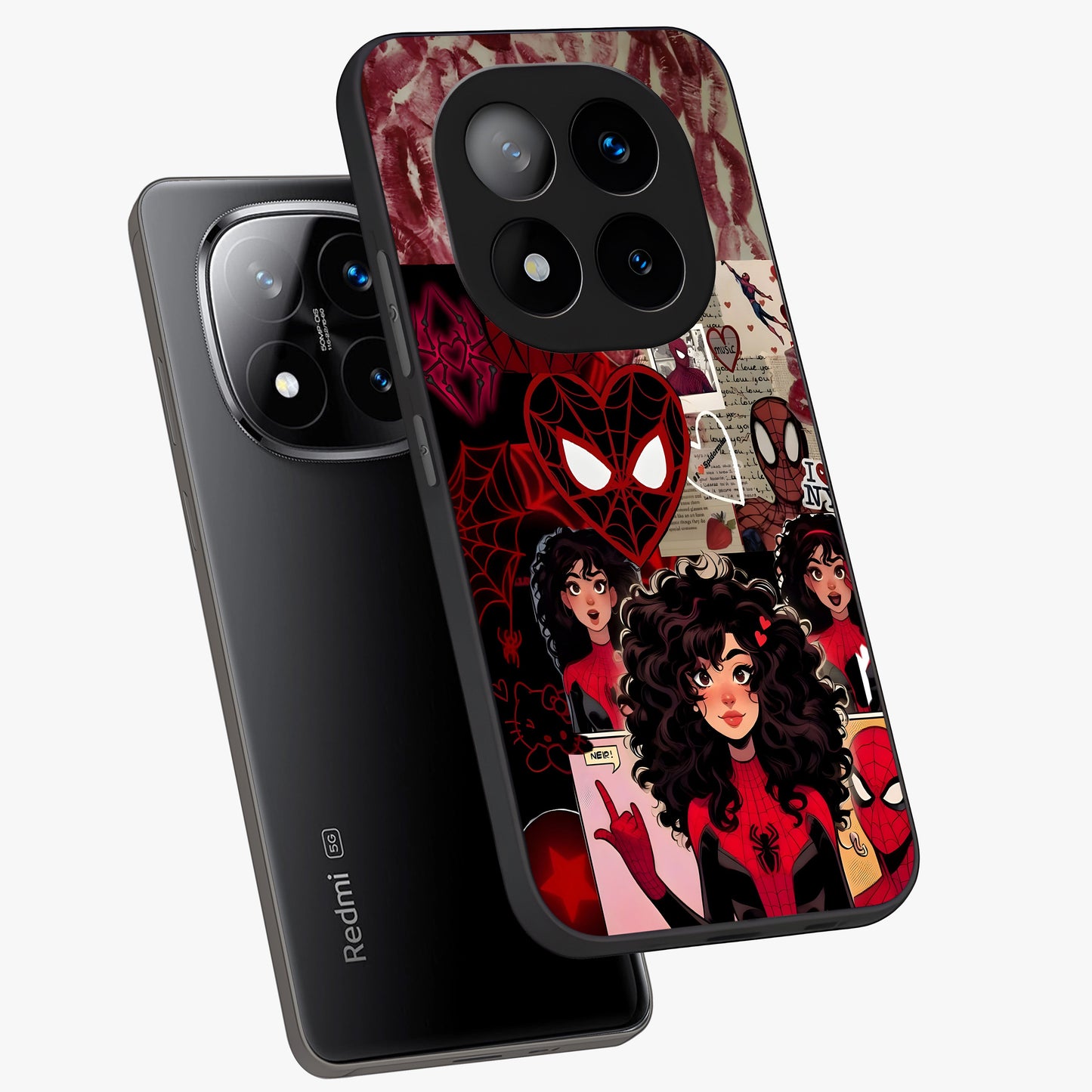 Spider Love Story Glass Case displayed in angled mockup highlighting expressive comic inspired design with playful aesthetic.