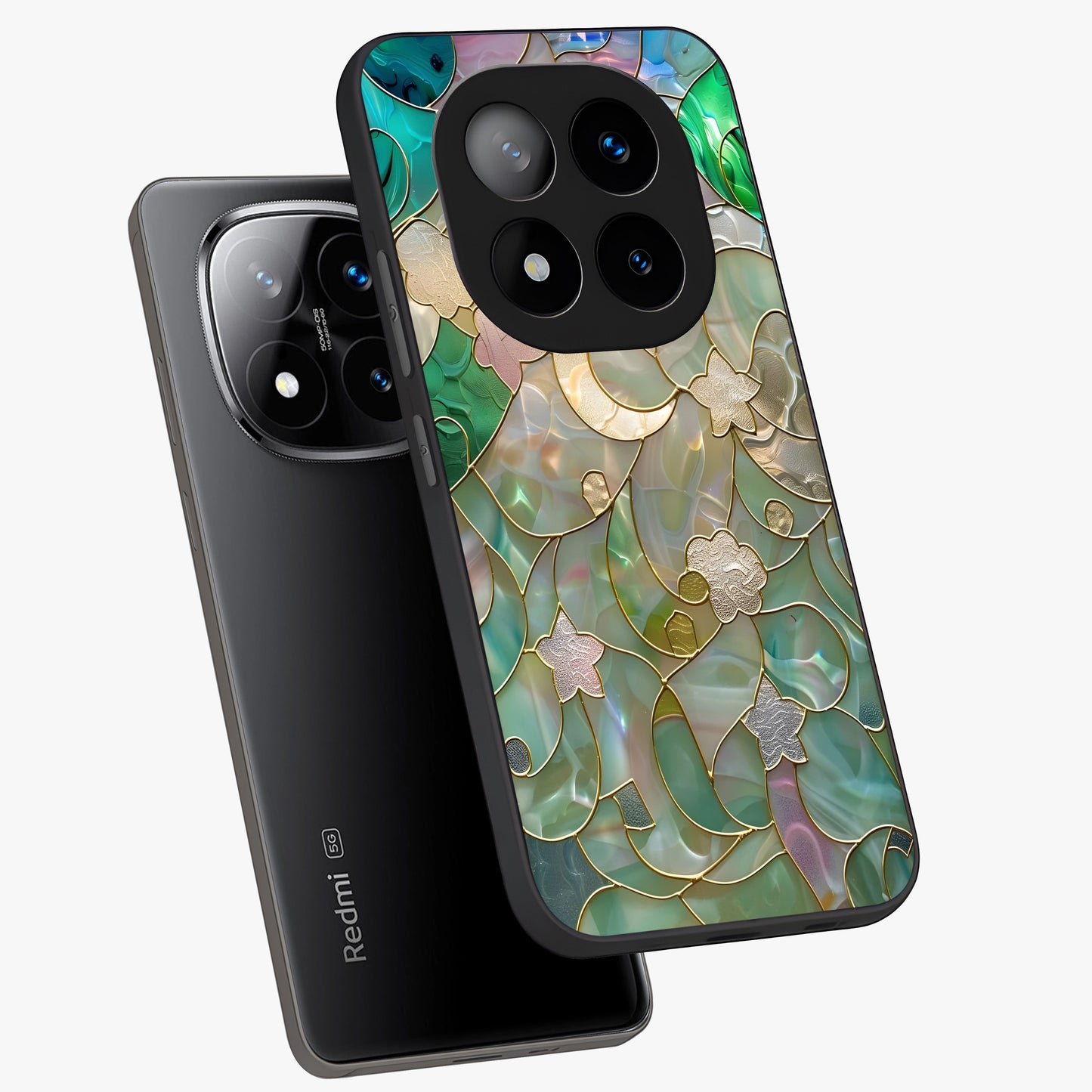 Stained Sunrise Glow Glass Case displayed in angled mockup highlighting radiant sunrise design with artistic aesthetic style.