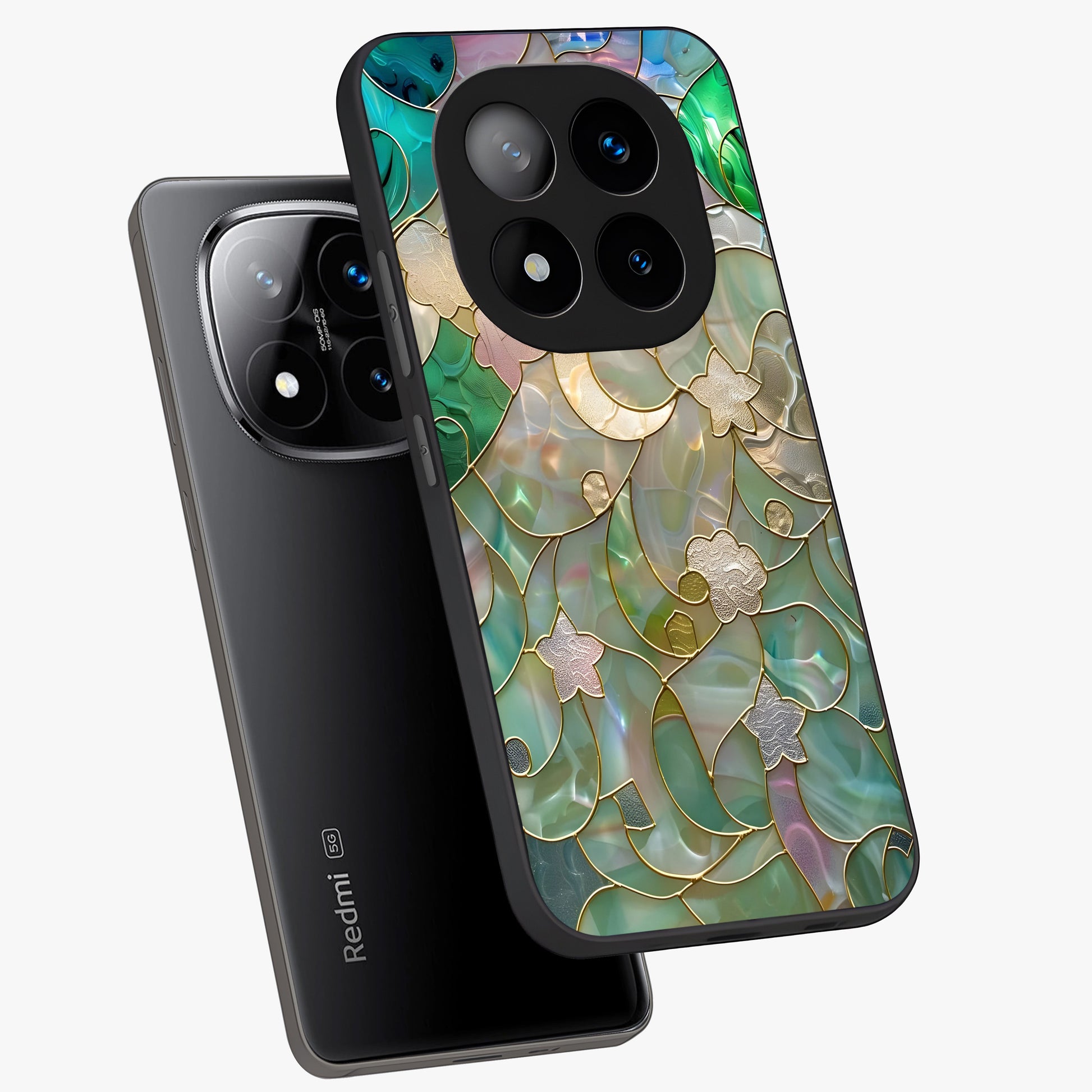 Stained Sunrise Glow Glass Case displayed in angled mockup highlighting radiant sunrise design with artistic aesthetic style.