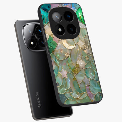 Stained Sunrise Glow Glass Case displayed in angled mockup highlighting radiant sunrise design with artistic aesthetic style.