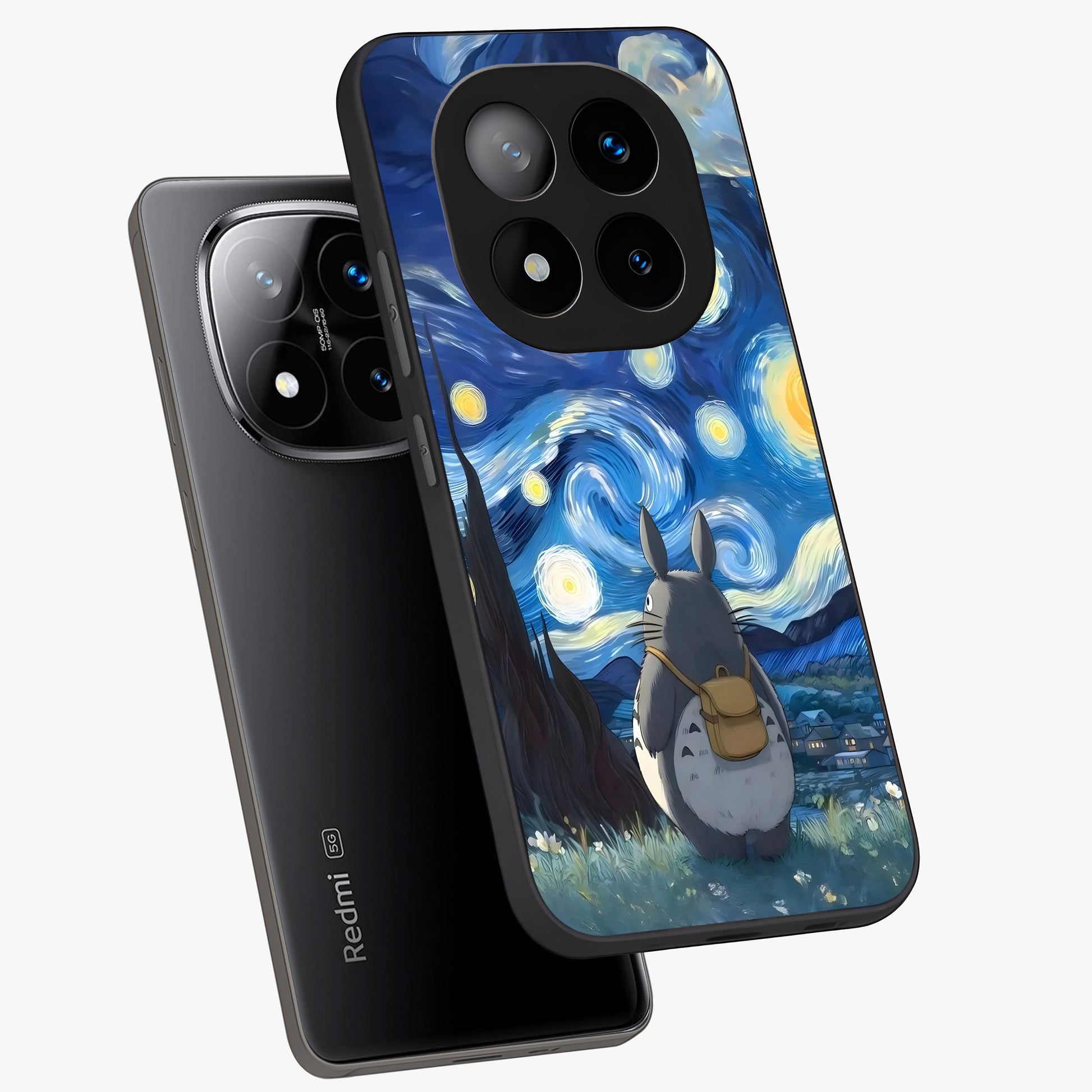 Totoro In Van Gogh Art Glass Case displayed in angled mockup highlighting artistic swirling sky design with playful animation aesthetic.
