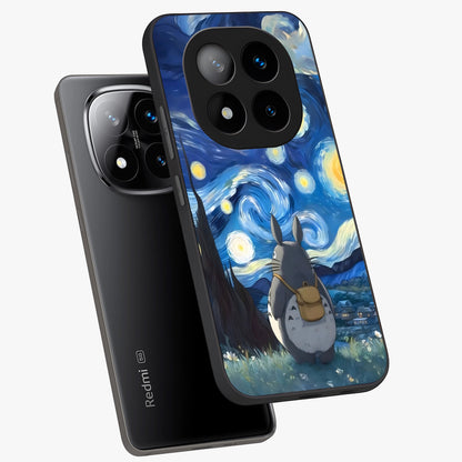 Totoro In Van Gogh Art Glass Case displayed in angled mockup highlighting artistic swirling sky design with playful animation aesthetic.