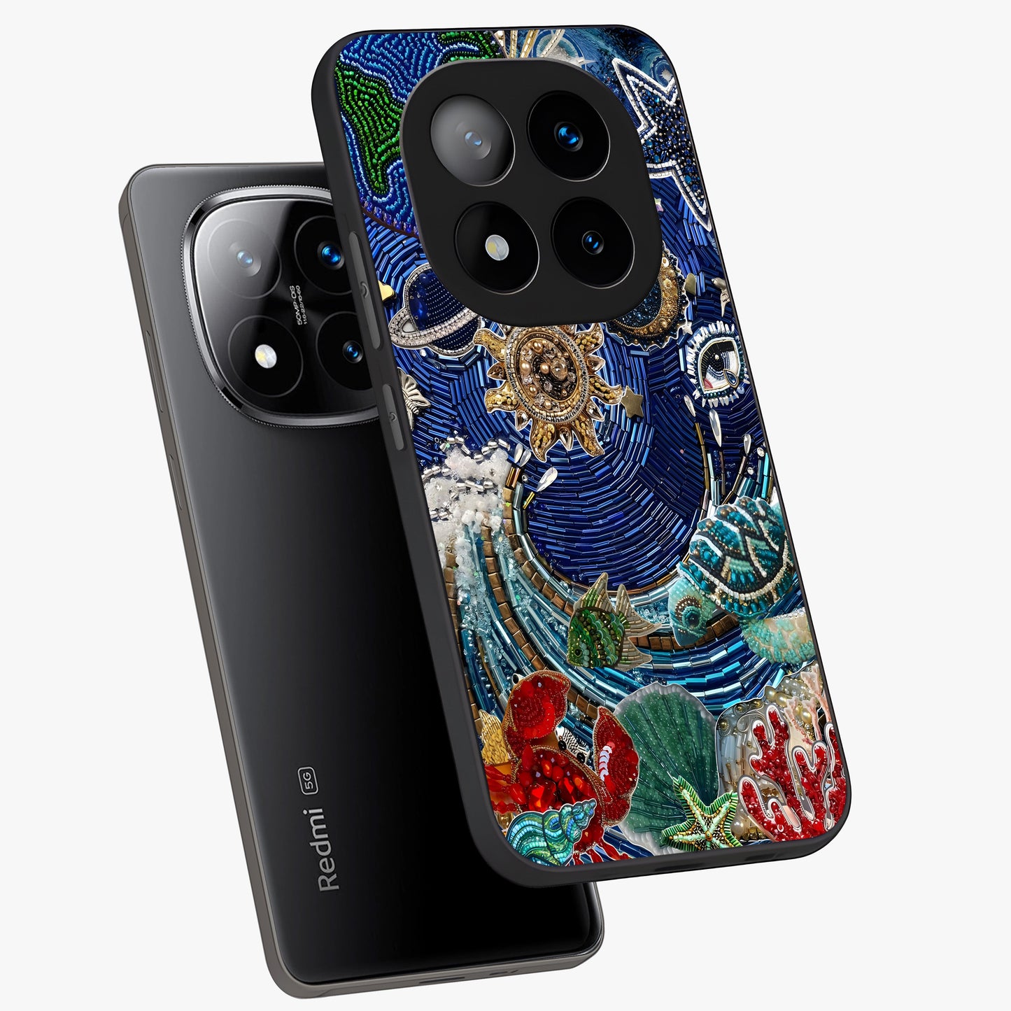 Universe Underwater Spark Glass Case displayed in angled mockup highlighting glowing aquatic design with celestial aesthetic.