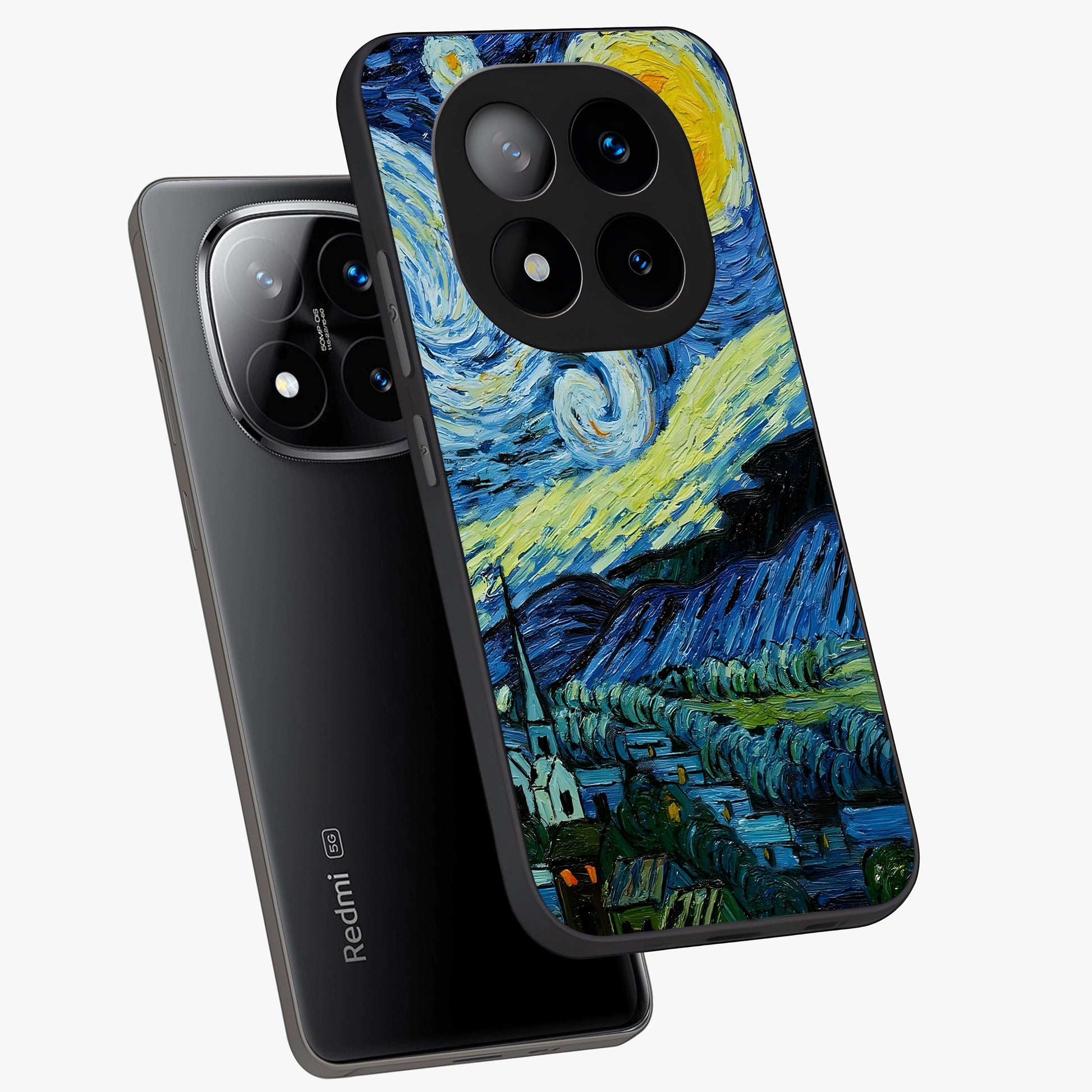 Van Gogh Art Glass Case displayed in angled mockup highlighting swirling brushstroke design with artistic aesthetic.