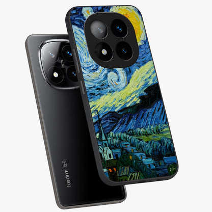 Van Gogh Art Glass Case displayed in angled mockup highlighting swirling brushstroke design with artistic aesthetic.