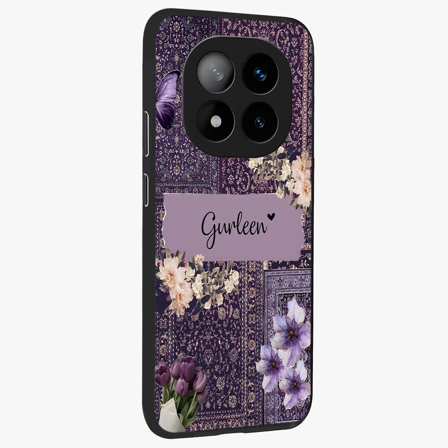 Antique Floral Whisper Custom Name Glass Case upright view showcasing delicate floral artwork with custom name feature.