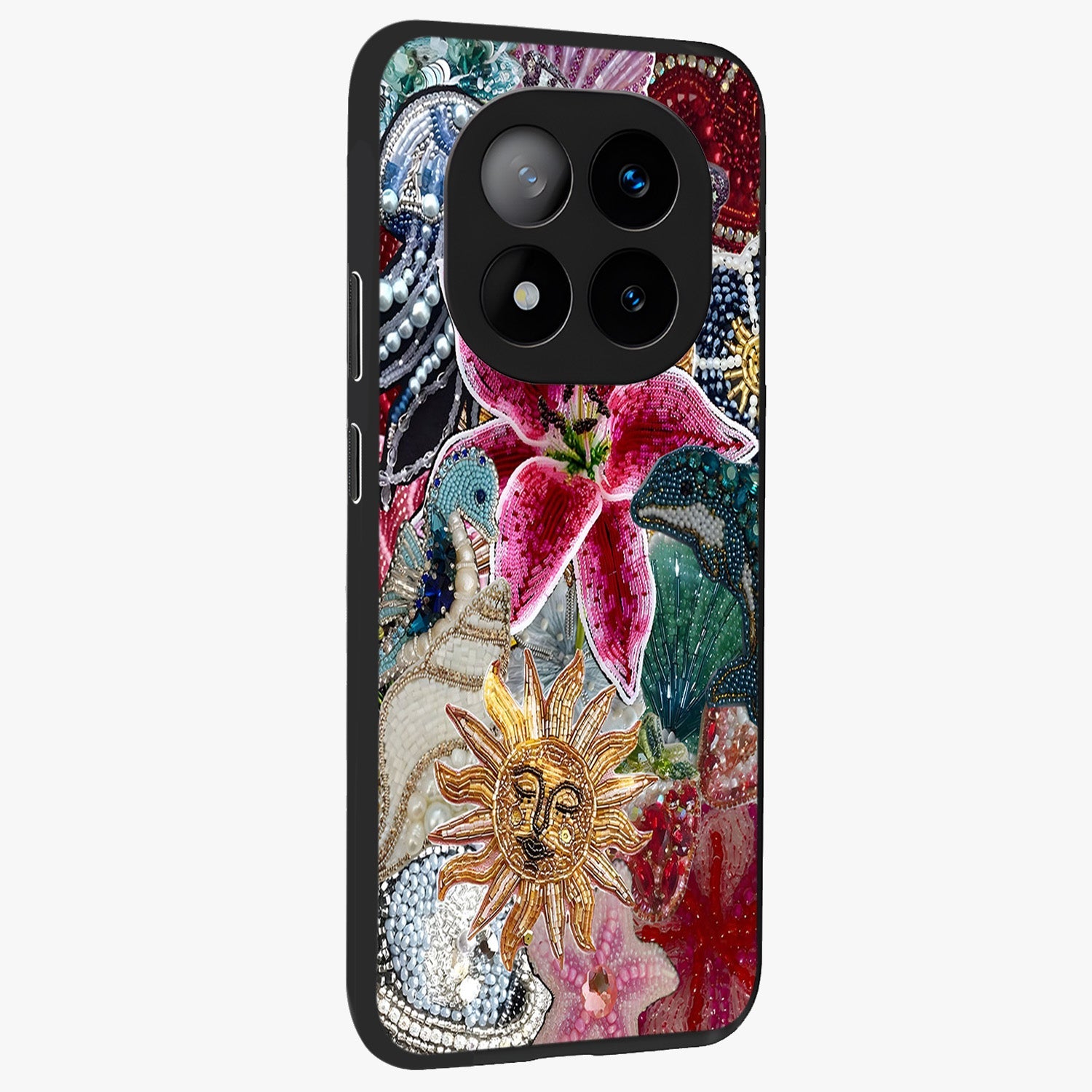 Beaded Garden Fantasy Glass Case upright view showcasing whimsical garden aesthetic with artistic bead details.
