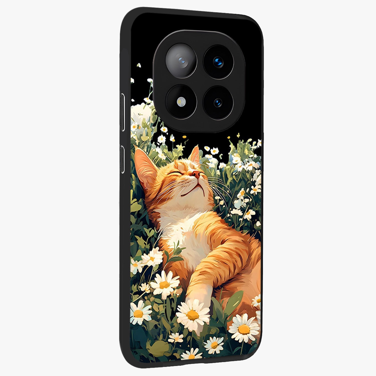 Blissful Bloom Cat Glass Case upright view showcasing charming cat design surrounded by blooming floral elements.