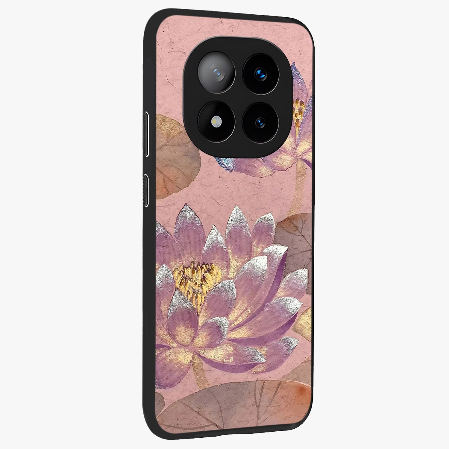 Blossom Mist Lotus Glass Case upright view showcasing graceful lotus flower design with peaceful botanical style.
