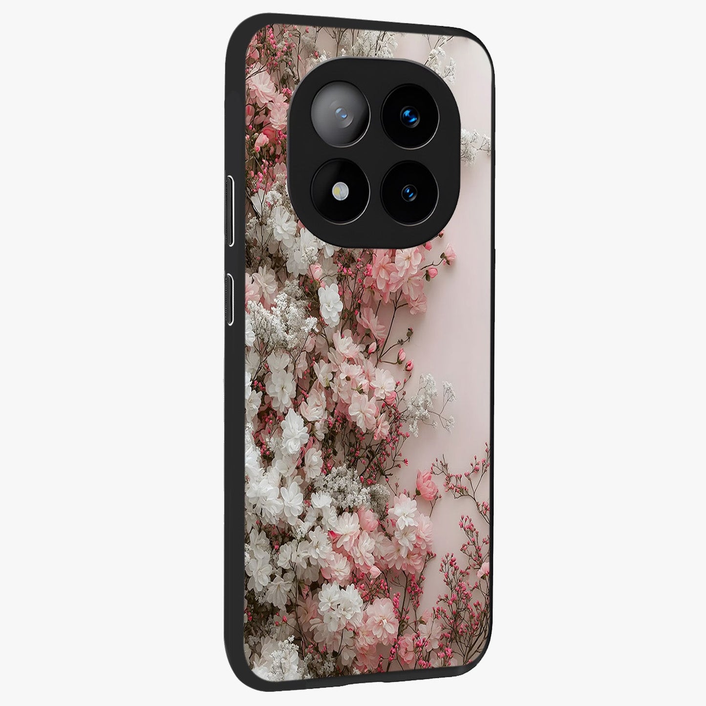 Blush Blossom Cloud Glass Case upright view showcasing calm floral cloud artwork with gentle dreamy theme.
