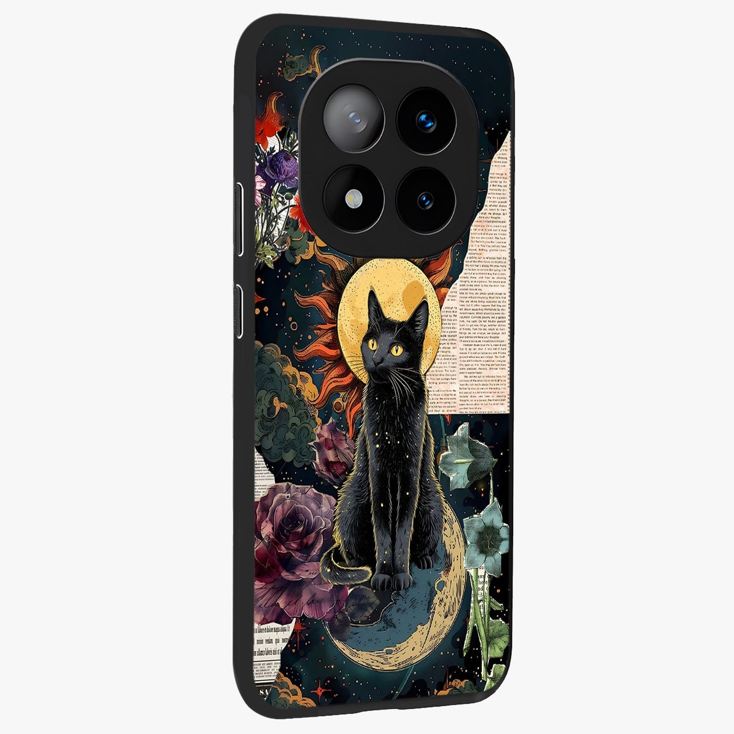 Celestial Black Cat Glass Case upright view showcasing magical black cat illustration with starry cosmic theme.