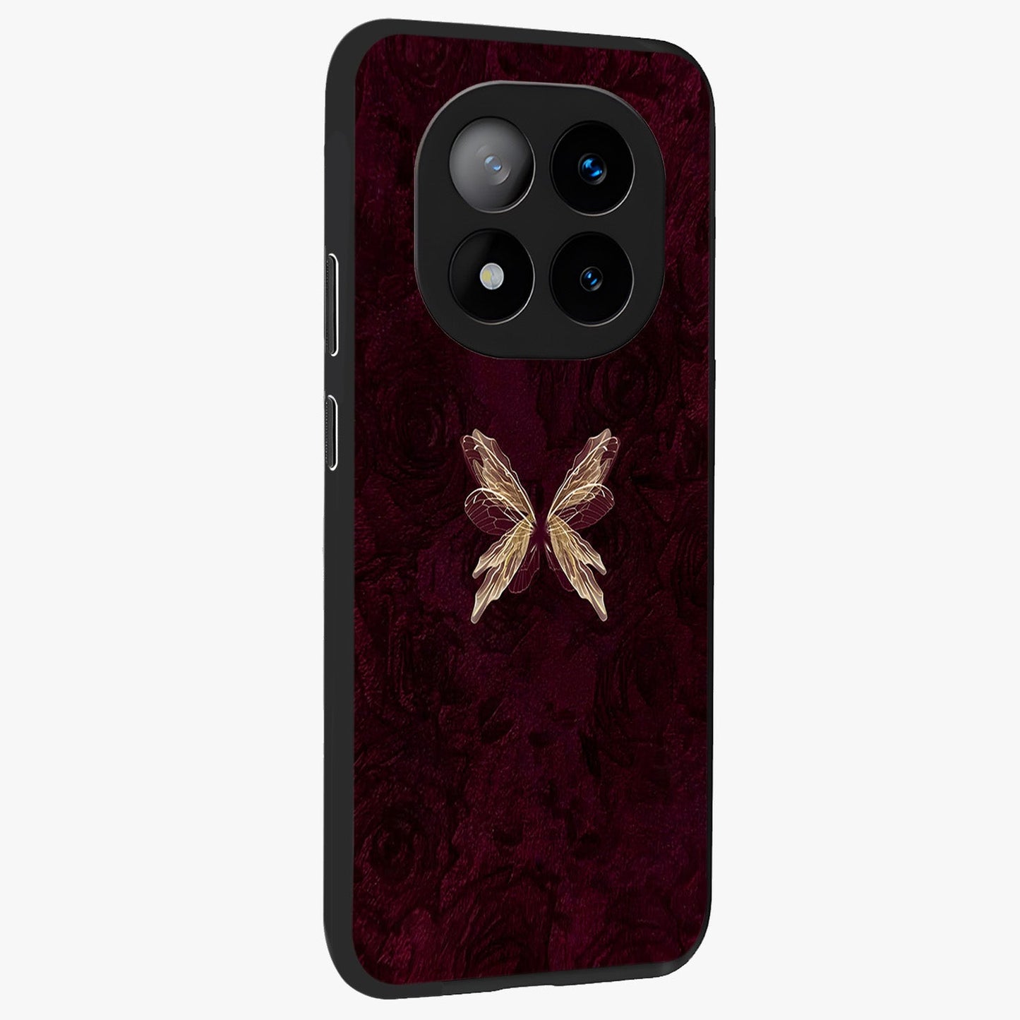 Crimson Fade Butterfly Glass Case upright view showcasing graceful butterfly artwork with soft crimson fade effect.