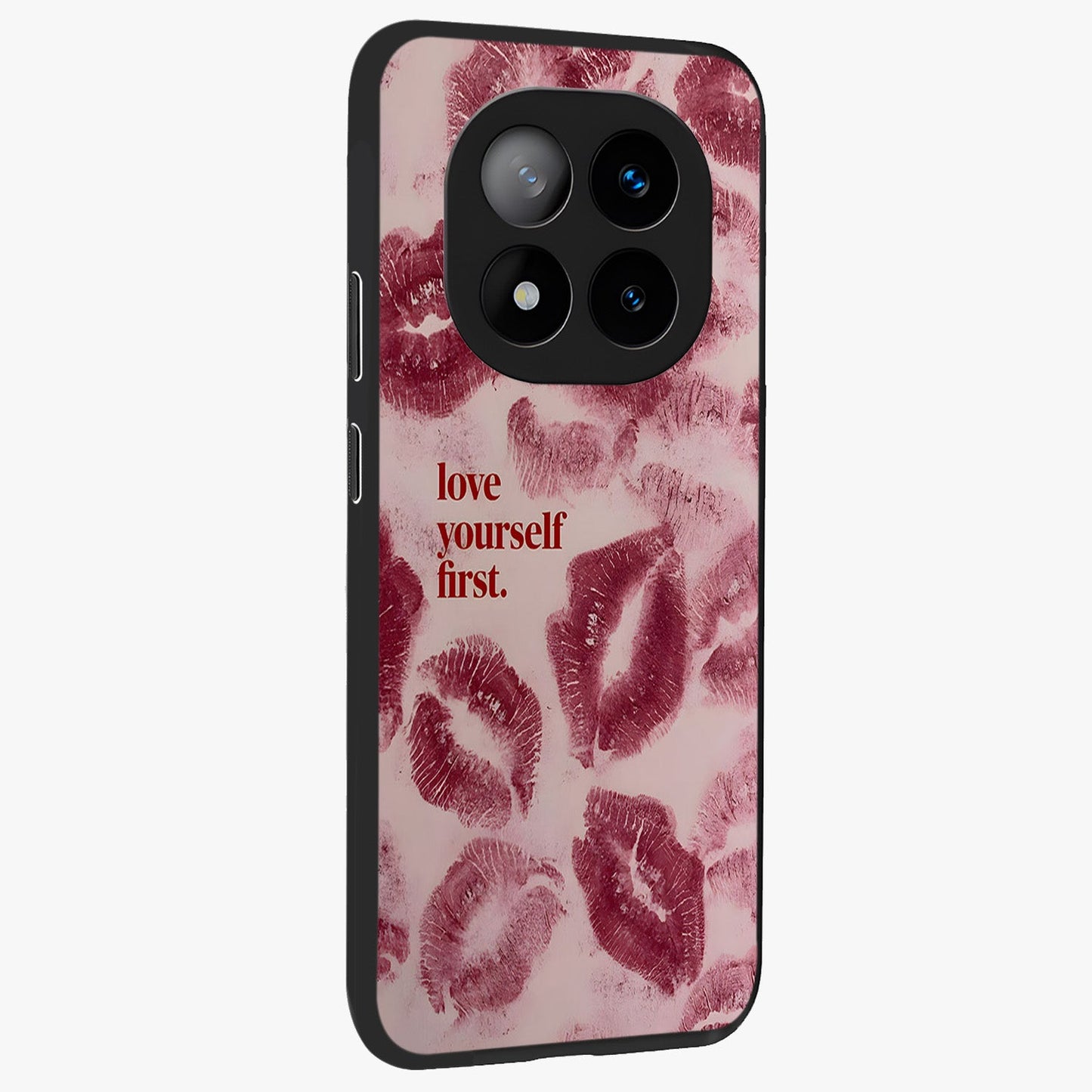 Crimson Kiss Love Glass Case upright view showcasing expressive romantic artwork with deep crimson theme.