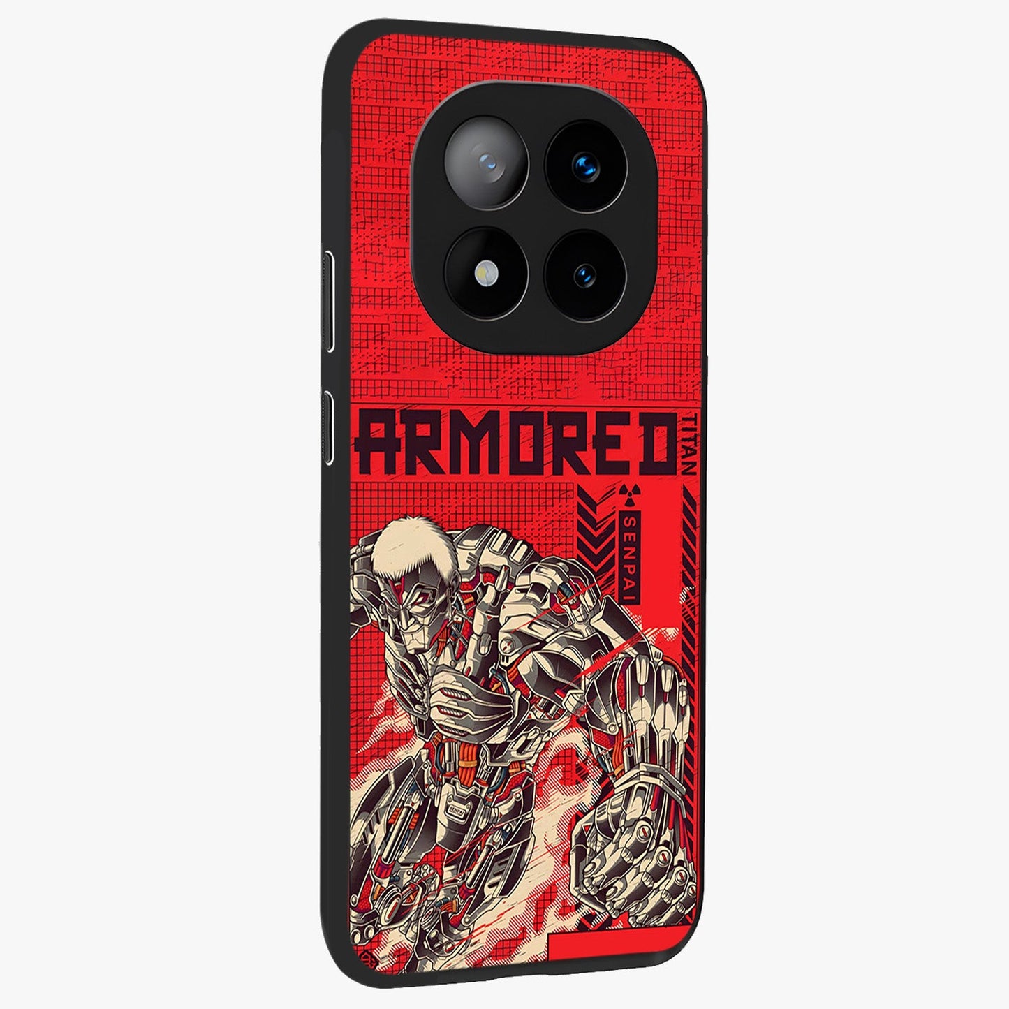 Crimson Mecha Titan Glass Case upright view showcasing dynamic robotic titan design with sci-fi inspired theme.
