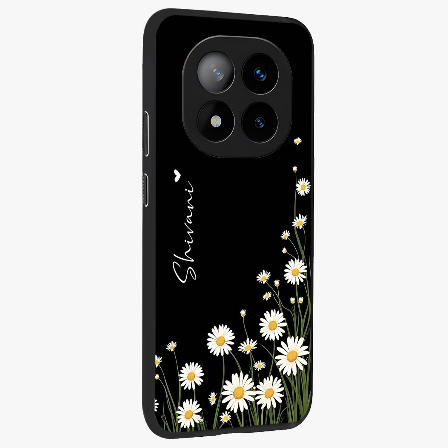 Daisy Cascade Custom Name Glass Case upright view showcasing elegant floral cascade design with personalized aesthetic.