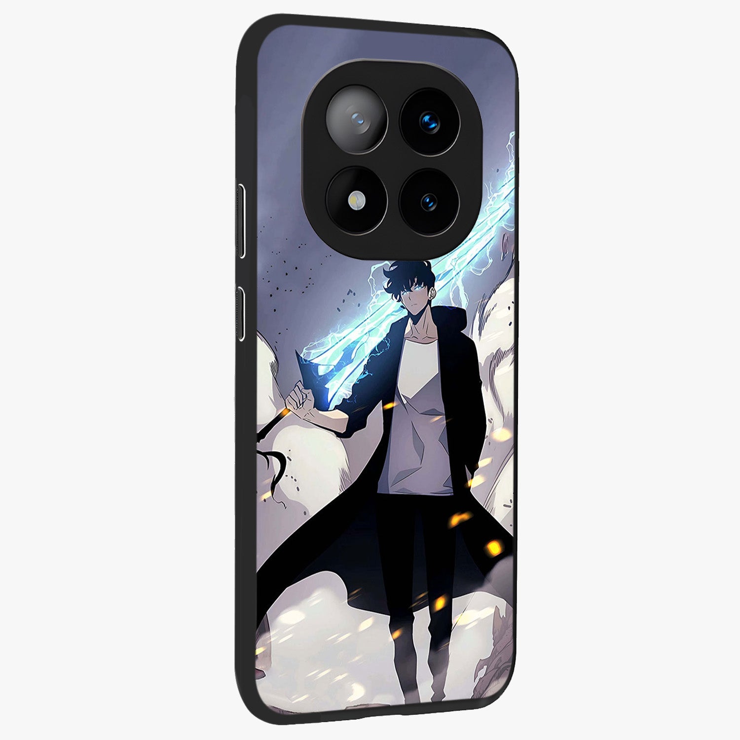 Dark Lightning Anime Warrior Glass Case upright view showcasing dramatic warrior artwork with dark lightning aesthetic.