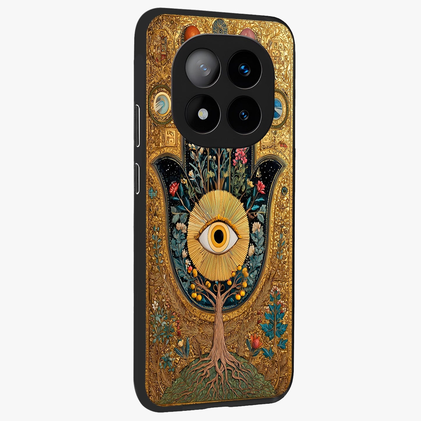 Ethereal Evil Eye Glass Case upright view showcasing celestial evil eye artwork with mystical theme.