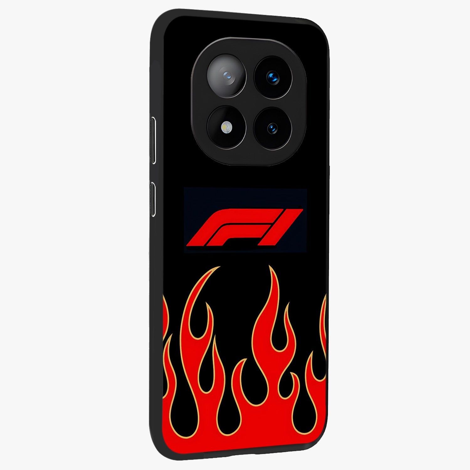 Fire F11 Glass Case upright view showcasing dynamic flame artwork with intense visual theme.