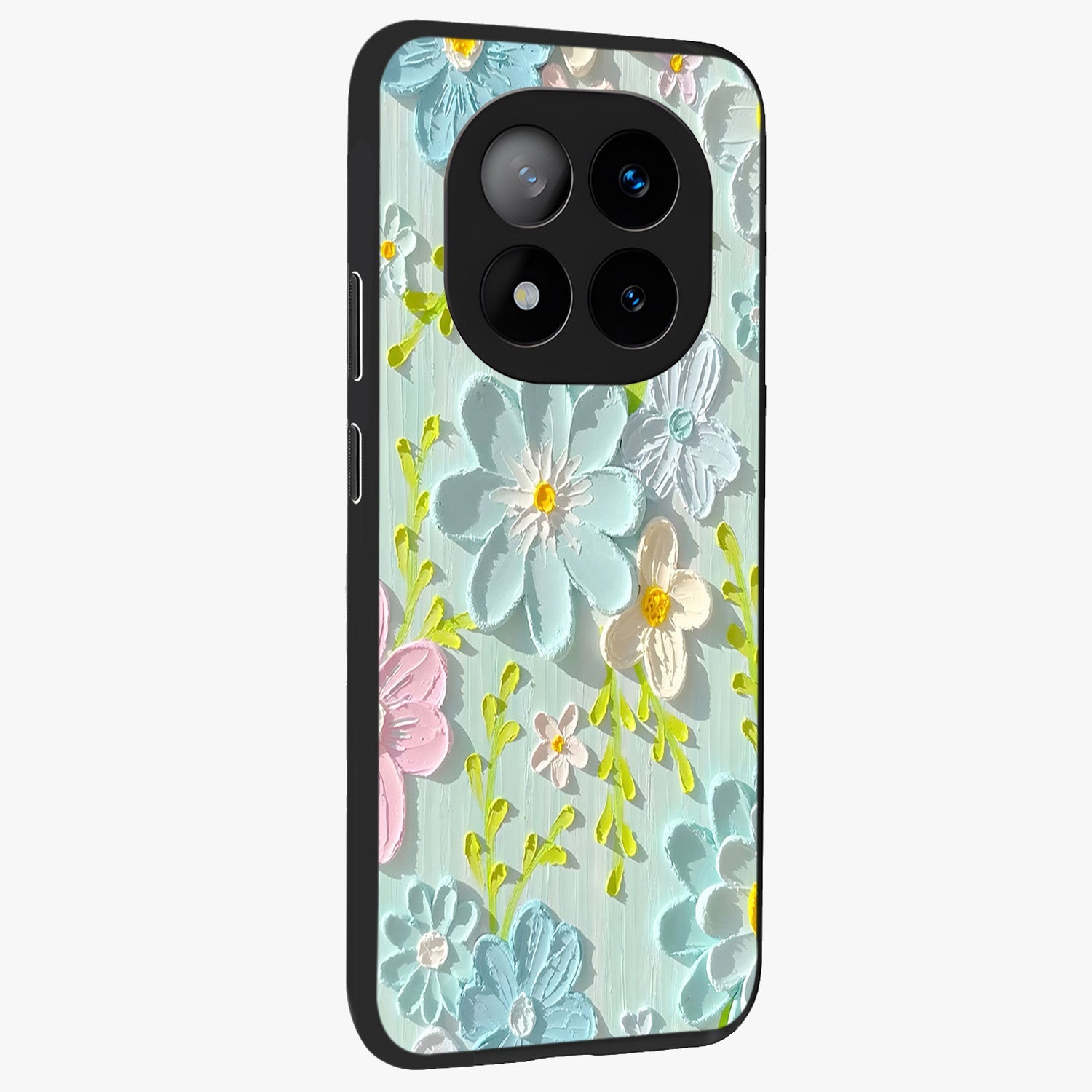 Frosted Petal Garden Glass Case upright view showcasing elegant floral garden artwork with soothing pastel theme.