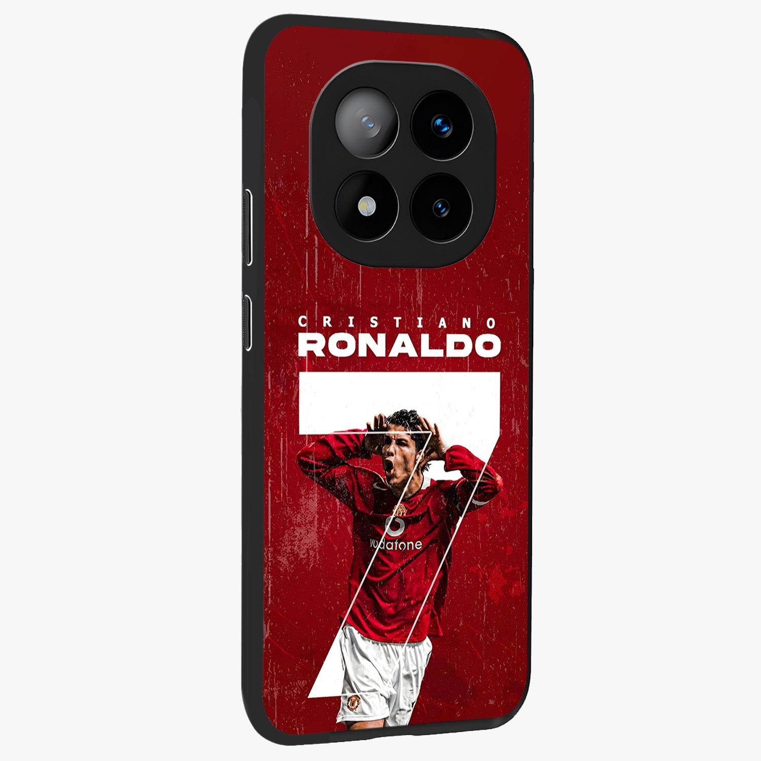 Goal Celebration Legacy Glass Case upright view showcasing dynamic football inspired artwork with victory celebration aesthetic.
