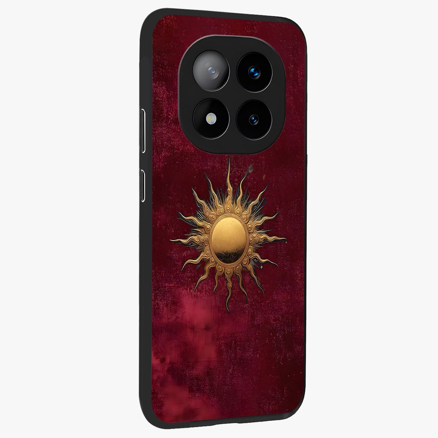 Golden Sun Minimalism Glass Case upright view showcasing simple golden sun artwork with elegant minimalist style.