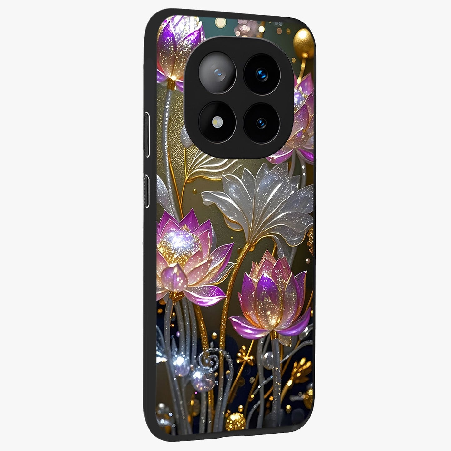 Golden Floral Majesty Glass Case upright view showcasing majestic floral artwork with rich decorative theme.