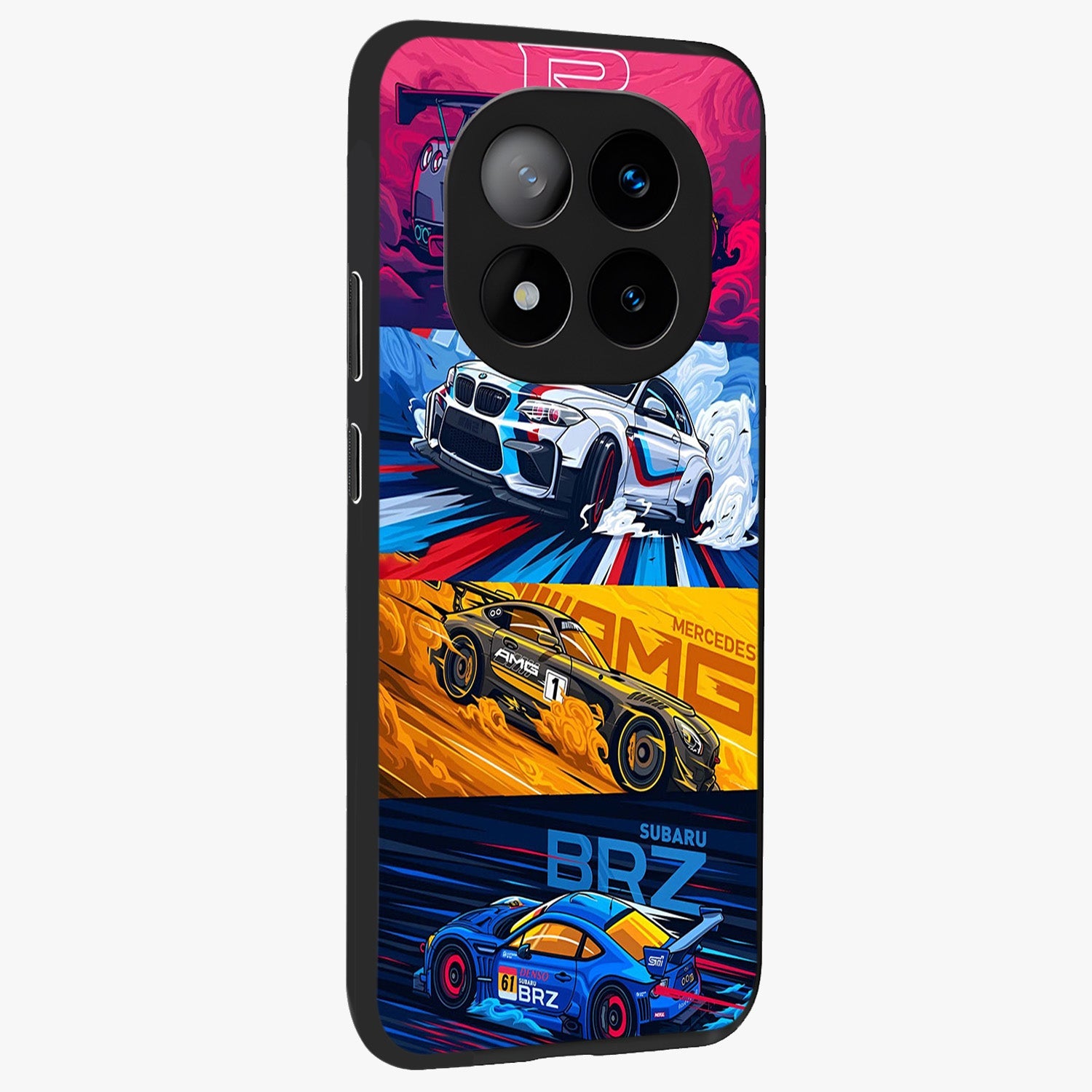 JDM Sports Car Glass Case upright view showcasing dynamic sports car artwork with bold racing theme.
