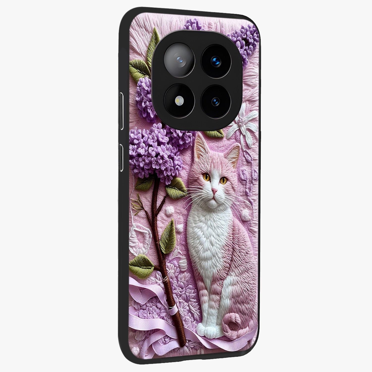 Lavender Cat Whimsy Glass Case upright view showcasing charming cat artwork with whimsical lavender theme.