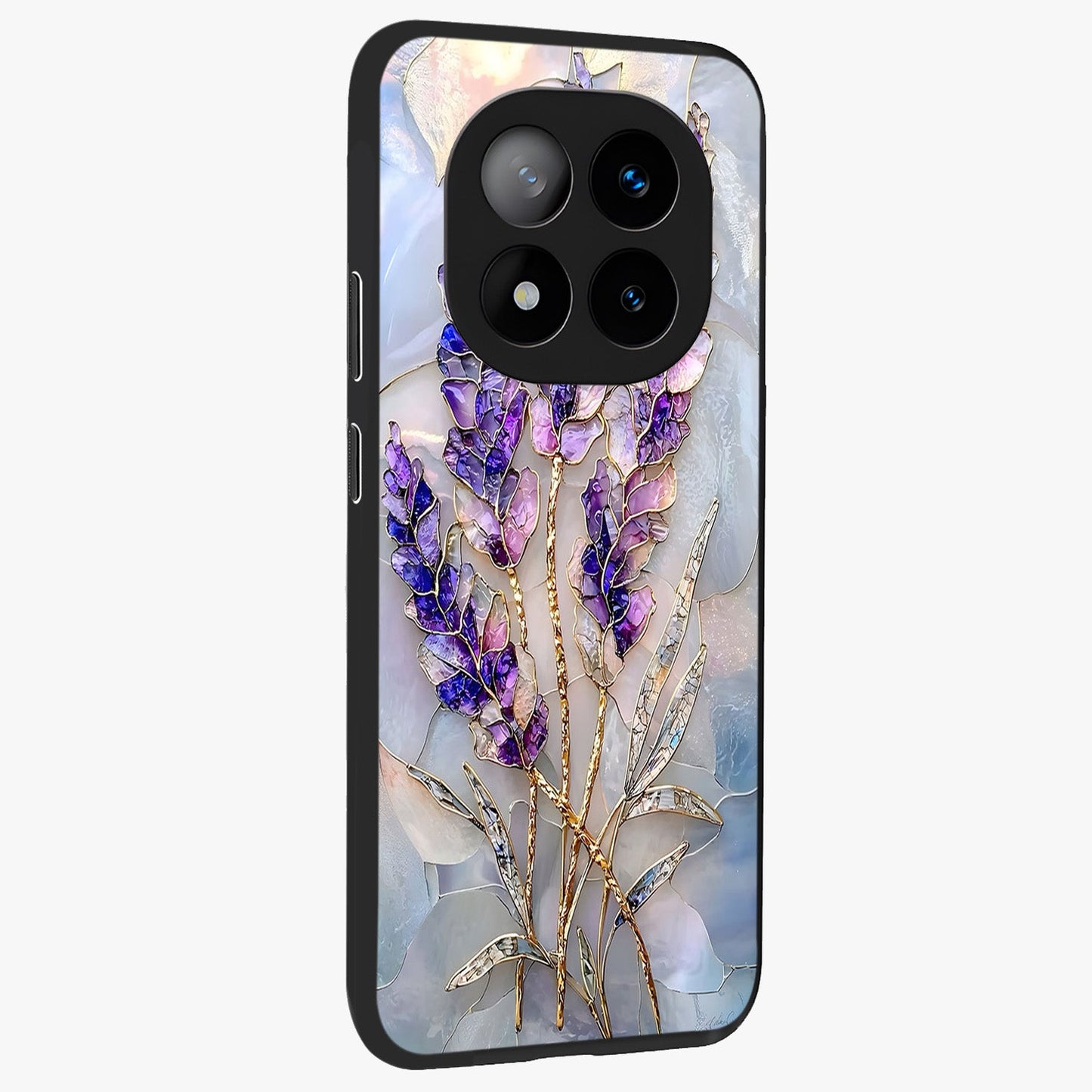 Lavender Dream Glow Glass Case upright view showcasing radiant lavender glow artwork with calming dreamy theme.
