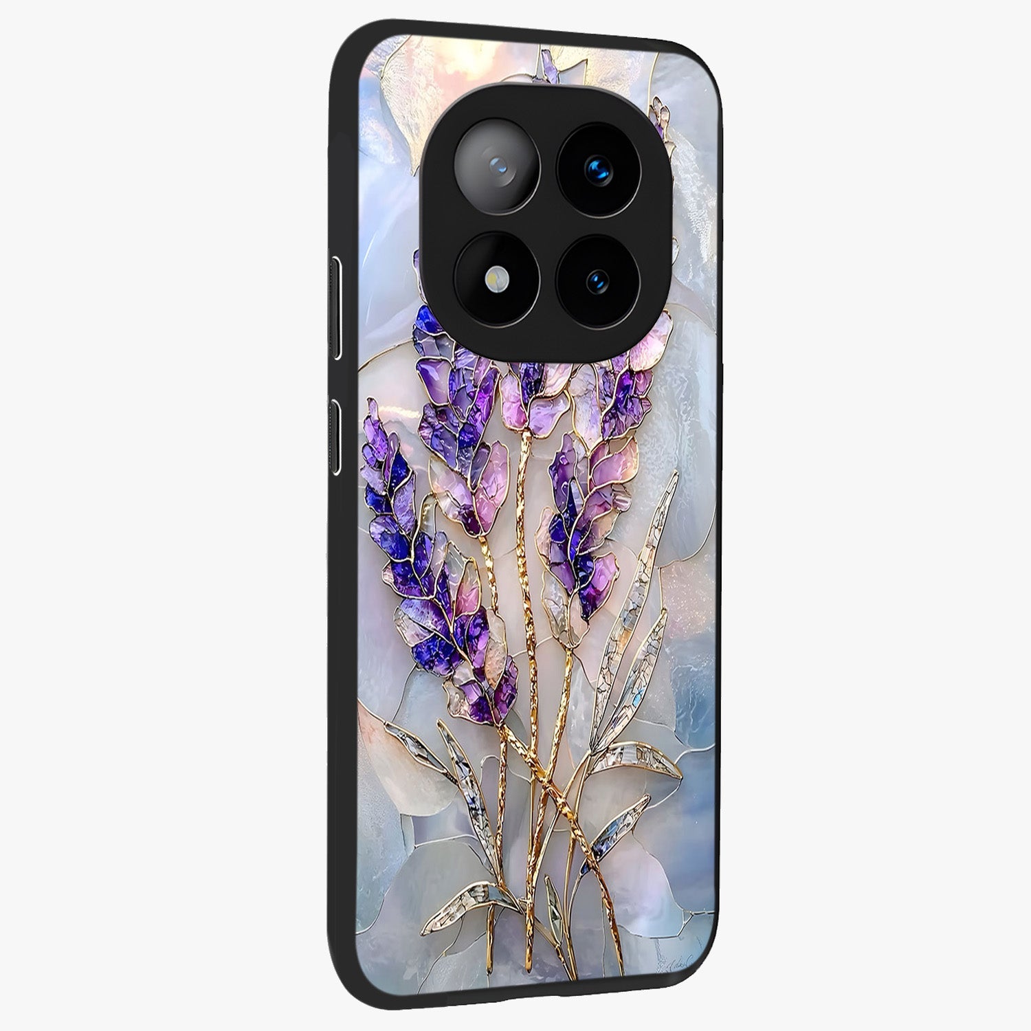 Lavender Dream Glow Glass Case upright view showcasing radiant lavender glow artwork with calming dreamy theme.