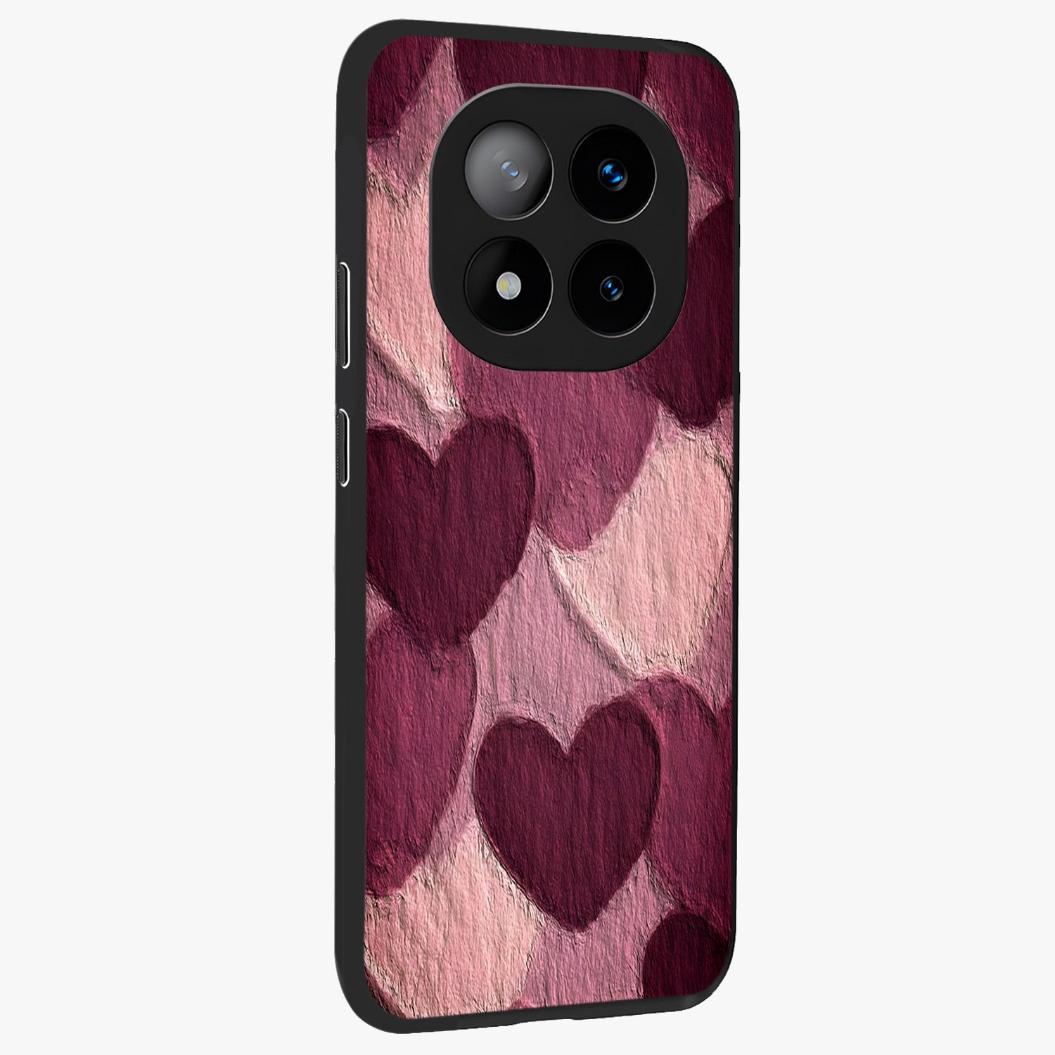 Layered Paper Hearts Glass Case upright view showcasing decorative layered heart artwork with sweet love theme.