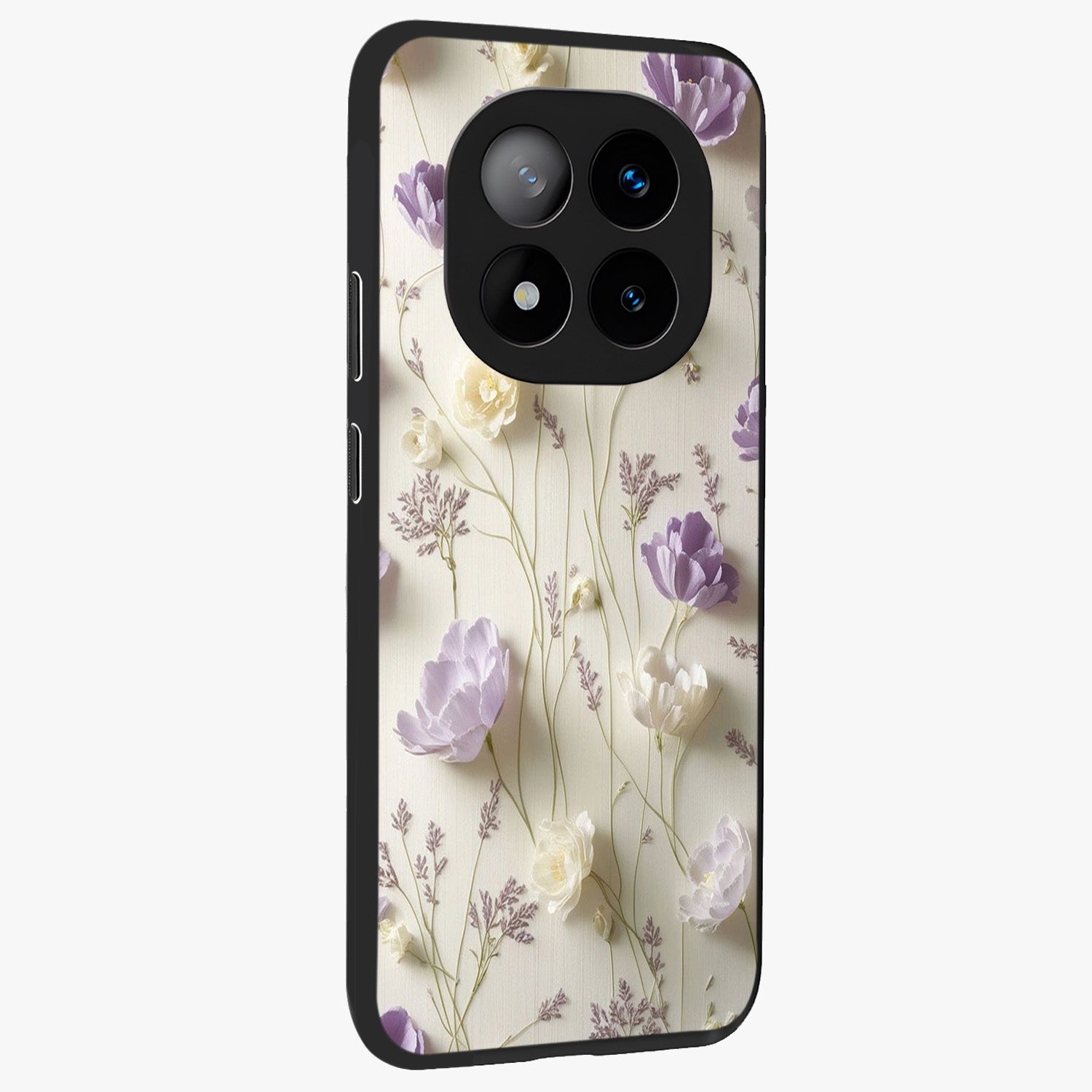 Lilac Breeze Harmony Glass Case upright view showcasing delicate lilac artwork with peaceful floral theme.