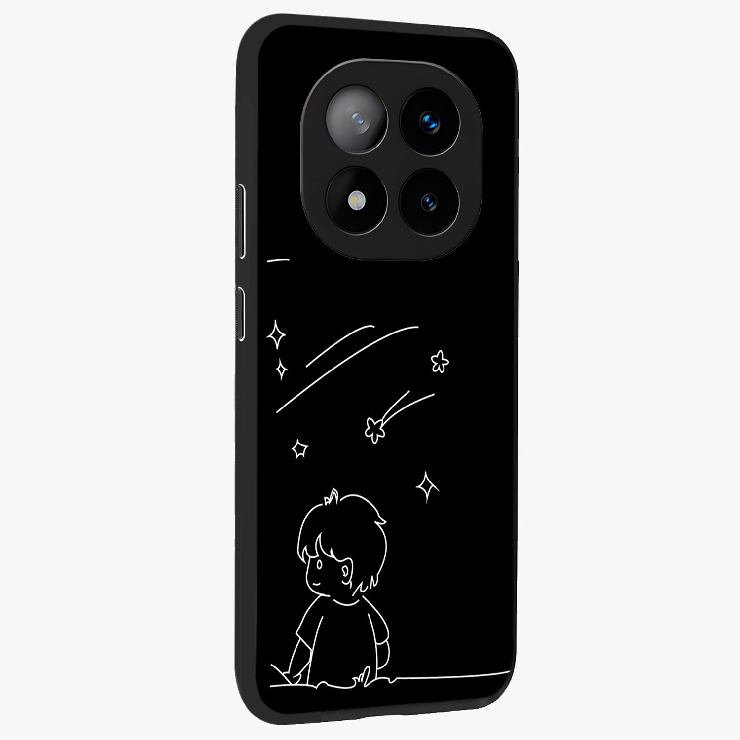 Line Art Boy With Shooting Stars Glass Case upright view showcasing artistic shooting star illustration with minimal style.