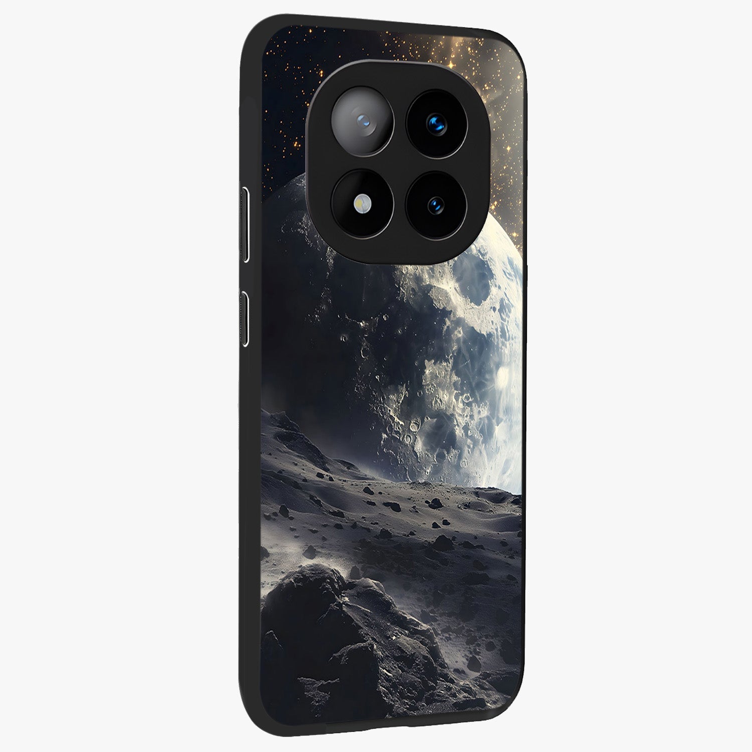 Lunar Horizon Glow Glass Case upright view showcasing radiant lunar artwork with calm cosmic theme.