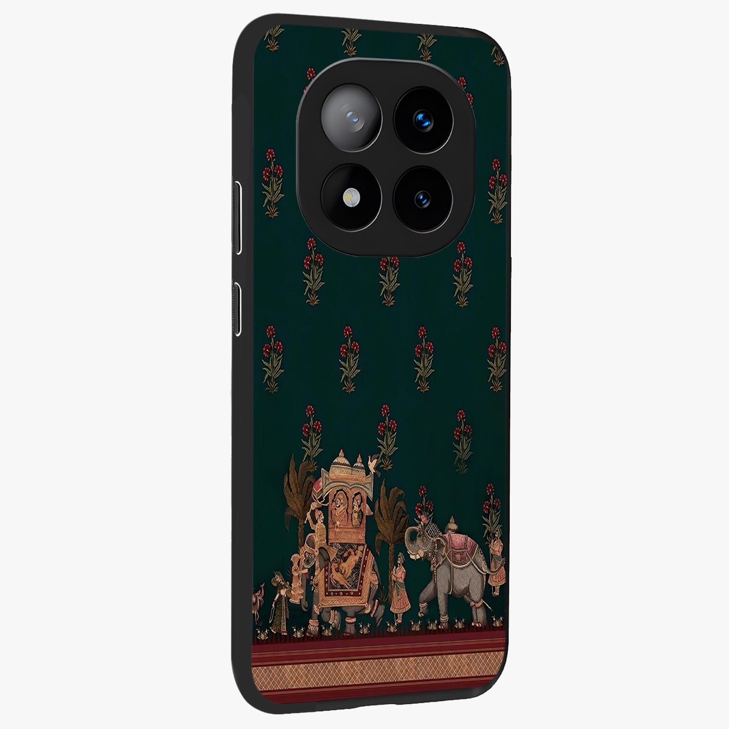 Macmerise Glass Case upright view showcasing bold artistic artwork with contemporary design theme.