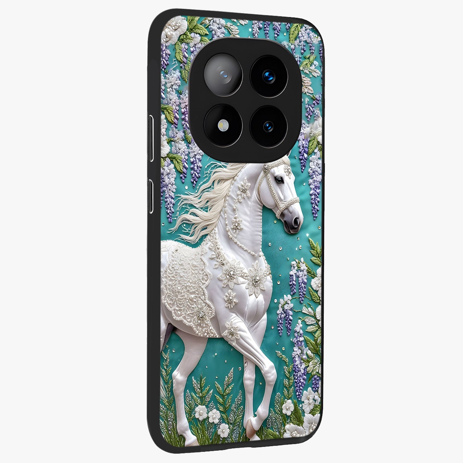 Majestic Floral Stallion Glass Case upright view showcasing dramatic horse artwork with decorative floral theme.