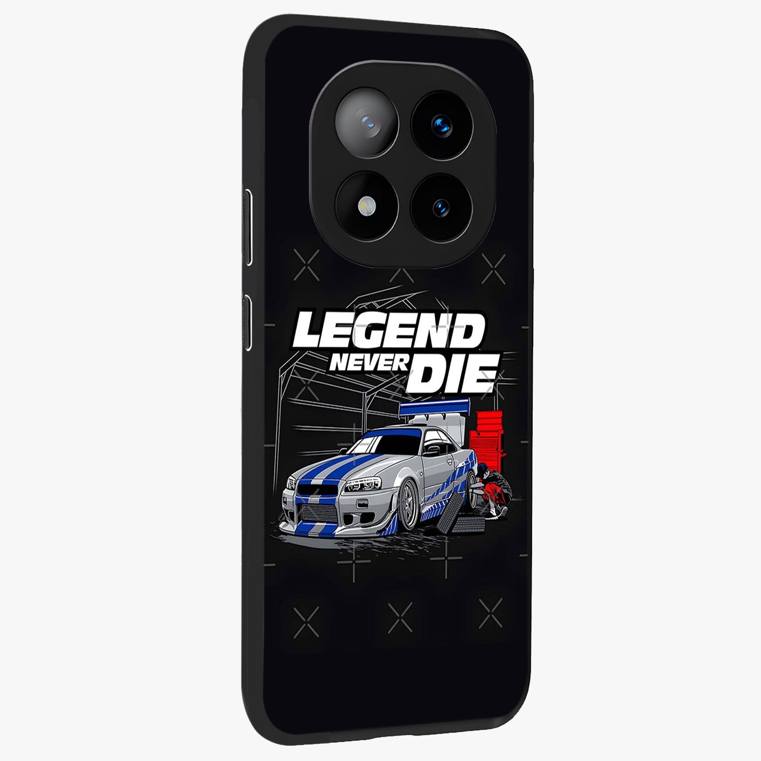 Midnight Racing Legacy Glass Case upright view showcasing powerful racing artwork with modern sports theme.