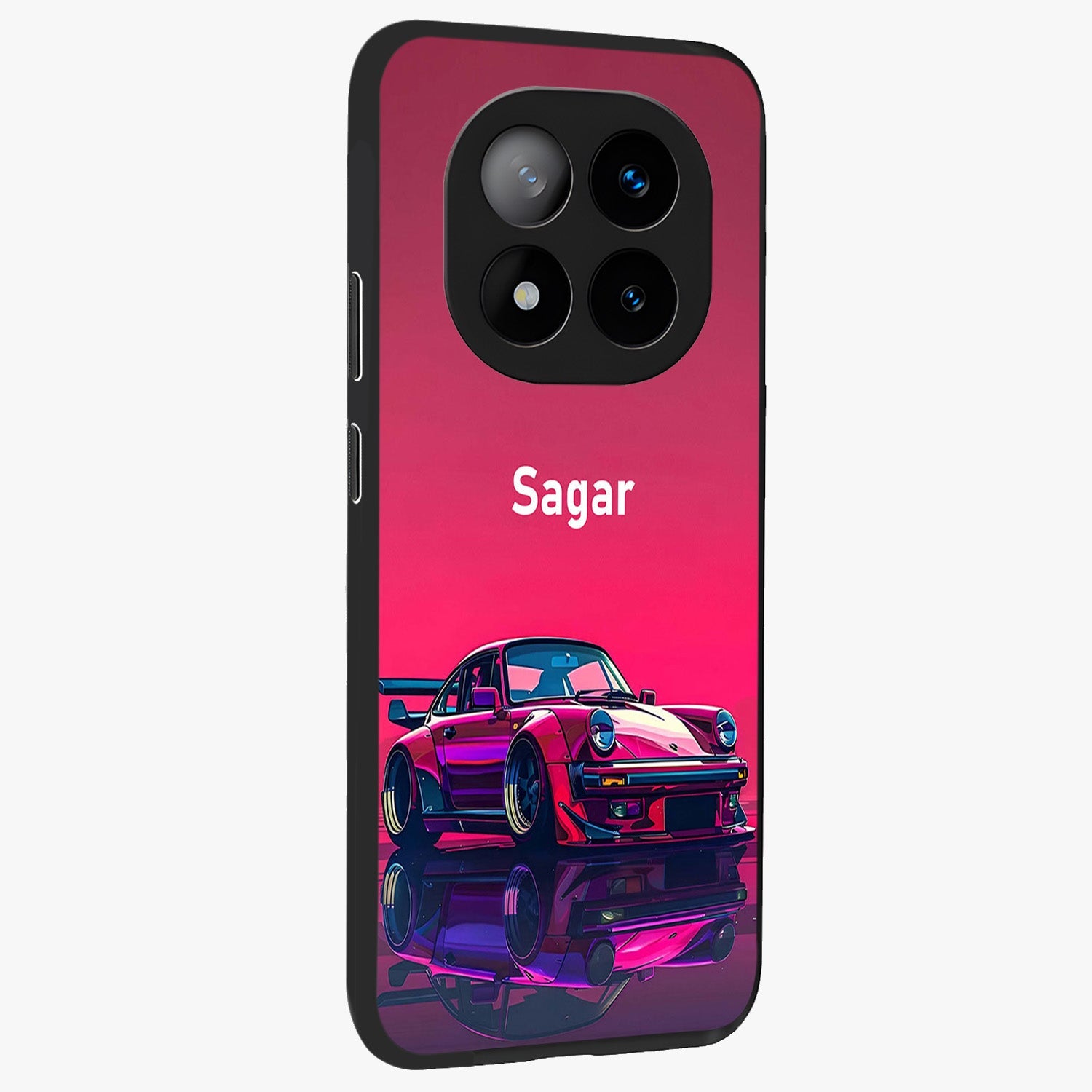 Neon Pink Porsche Glass Case upright view showcasing vibrant sports car artwork with bold automotive theme.